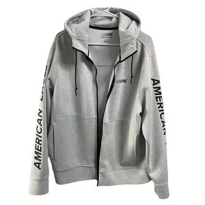American Eagle Men's Y2K Gray Hoodie Jacket Arm Spellout Size L Broken Zipper